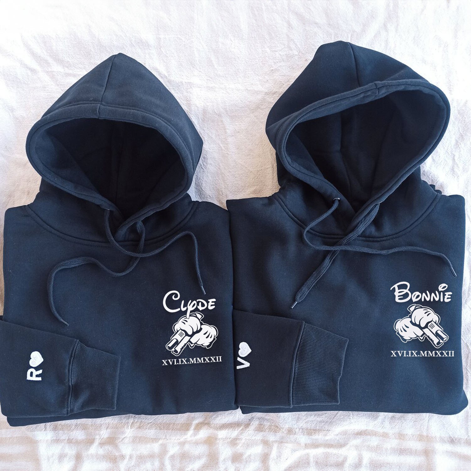 Embroidered Bonnie and Clyde Matching Sets Hoodies with Roman Numerals, Personalized Couple Sweatshirt, Couple Embroidered Sweatshirt, Valentine's Day Gifts Idea For Him Her-bestpickk